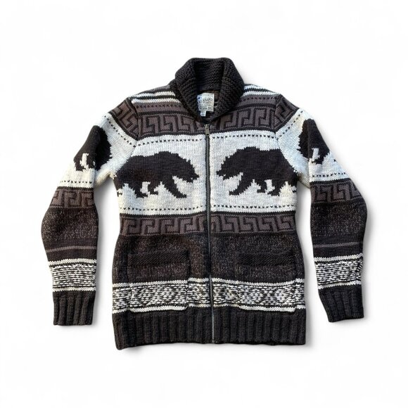 Lucky Brand Zip-Front Shawl Collar Bear Cardigan Aztec Print Sz Medium - Picture 1 of 9